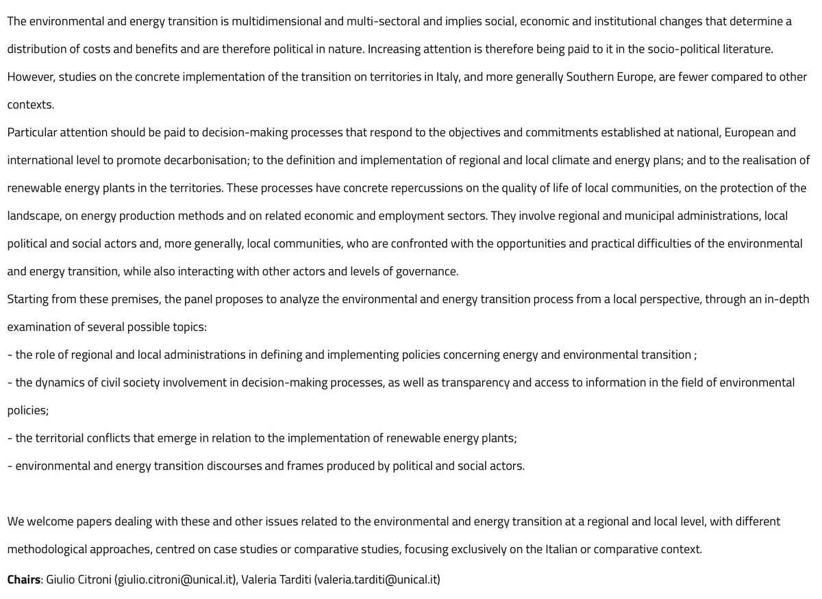 🚨Call for papers <a href="/sisp_/">sisP</a> Conference 2024  Panel '9.3 Local dynamics and actors in the environmental and energy transition' chaired by Giulio Citroni and Valeria Tarditi. 
📌Deadline for abstract submission 31 May 2024
👉sisp.it/en/conference2…