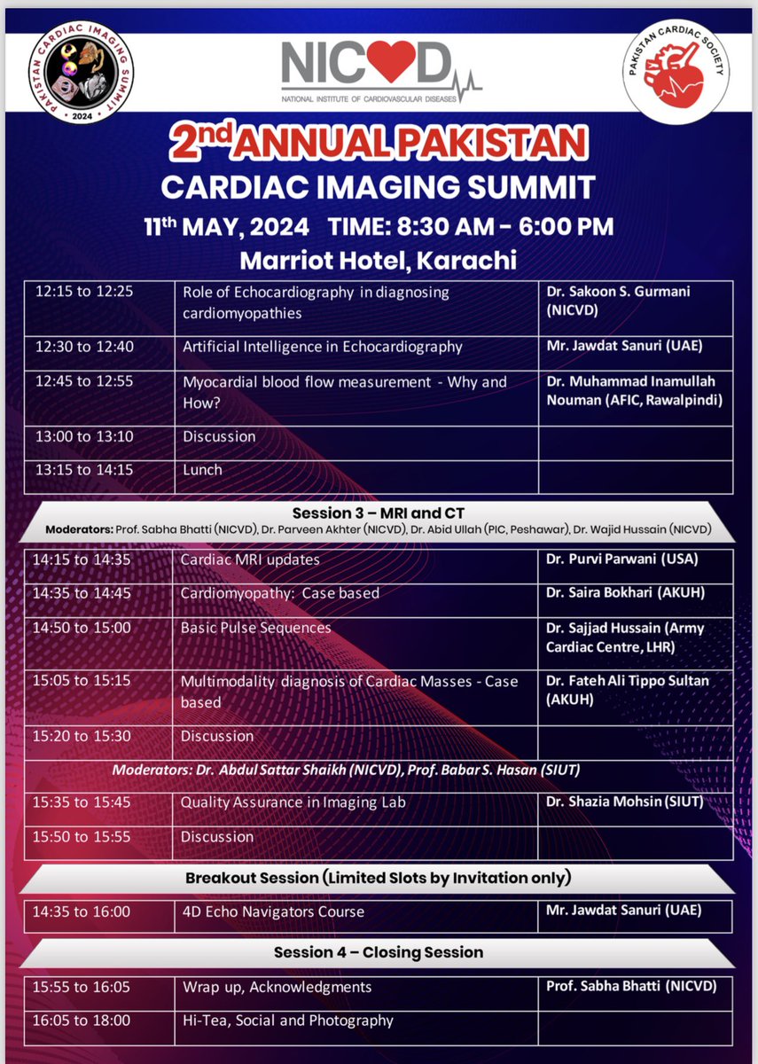 Full day of learning@ 2nd Pakistan Cardiac Imaging Summit & we can’t wait! All 4 modalities covered by ⭐️national & international experts⭐️hands on workshop and much more! Agenda👇@NicvdImaging @nicvd_karachi @AJamilTajik @iamritu @OKhaliqueMD @purviparwani @almallahmo @FNabiMD