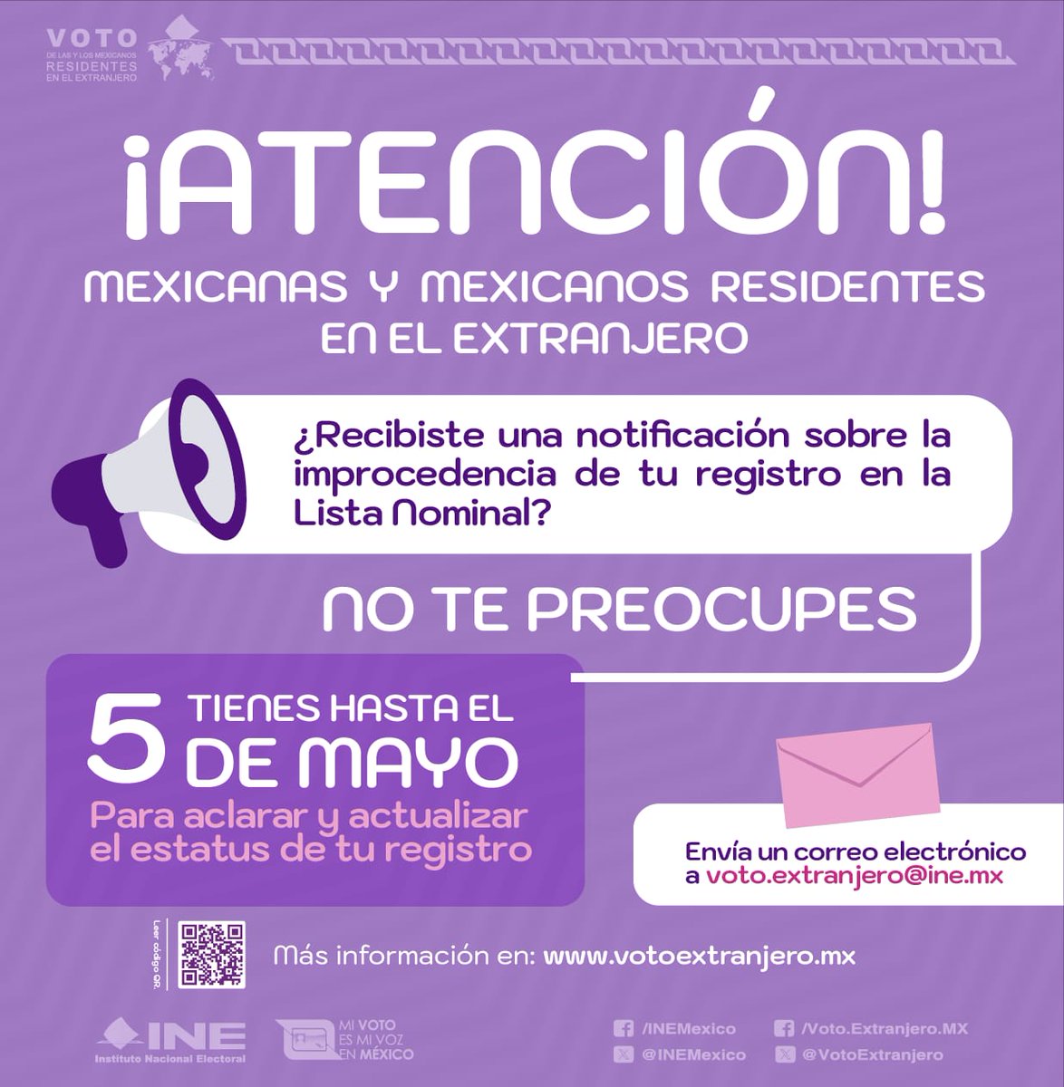 🌍 Si recibiste una notificación por alguna inconsistencia en tu registro en la #ListaNominal, ¡tienes hasta el 5 de mayo para realizar tu aclaración! Ejerce tu #VotoExtranjero en las #Elecciones2024MX 🗳️ votoextranjero.mx