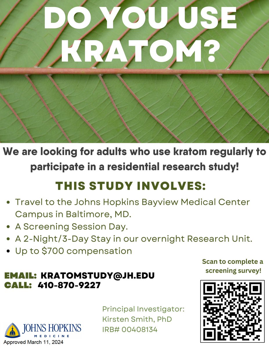 @MORJHU is seeking adults who regularly use #kratom to join our 3-day/2-night study in Baltimore, MD. We want to better understand the effects from use, discontinuation of use, & kratom pharmacokinetics.
Please see our study flyer for details and contact info!