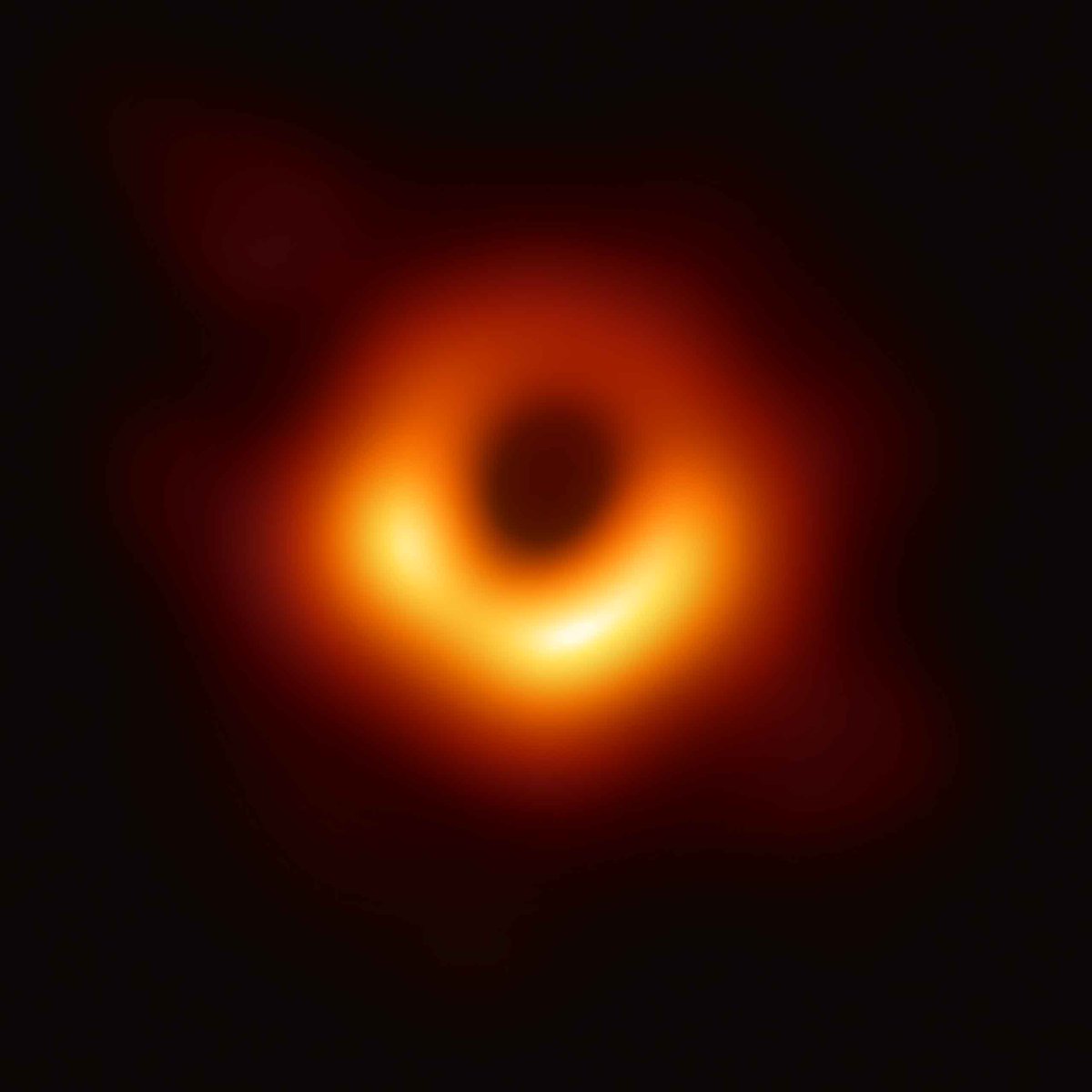 AAS_Office's tweet photo. Worldwide network of 8 radio telescopes made 1st picture of a black hole, showing the object, centered in M87 galaxy 55 million light-years from Earth, has 6.5 billion x the Sun’s mass, is about 38 billion km (24 billion miles) across & spins clockwise. #GAM2024 #RandomAstroFact https://t.co/G7hziqBPMD