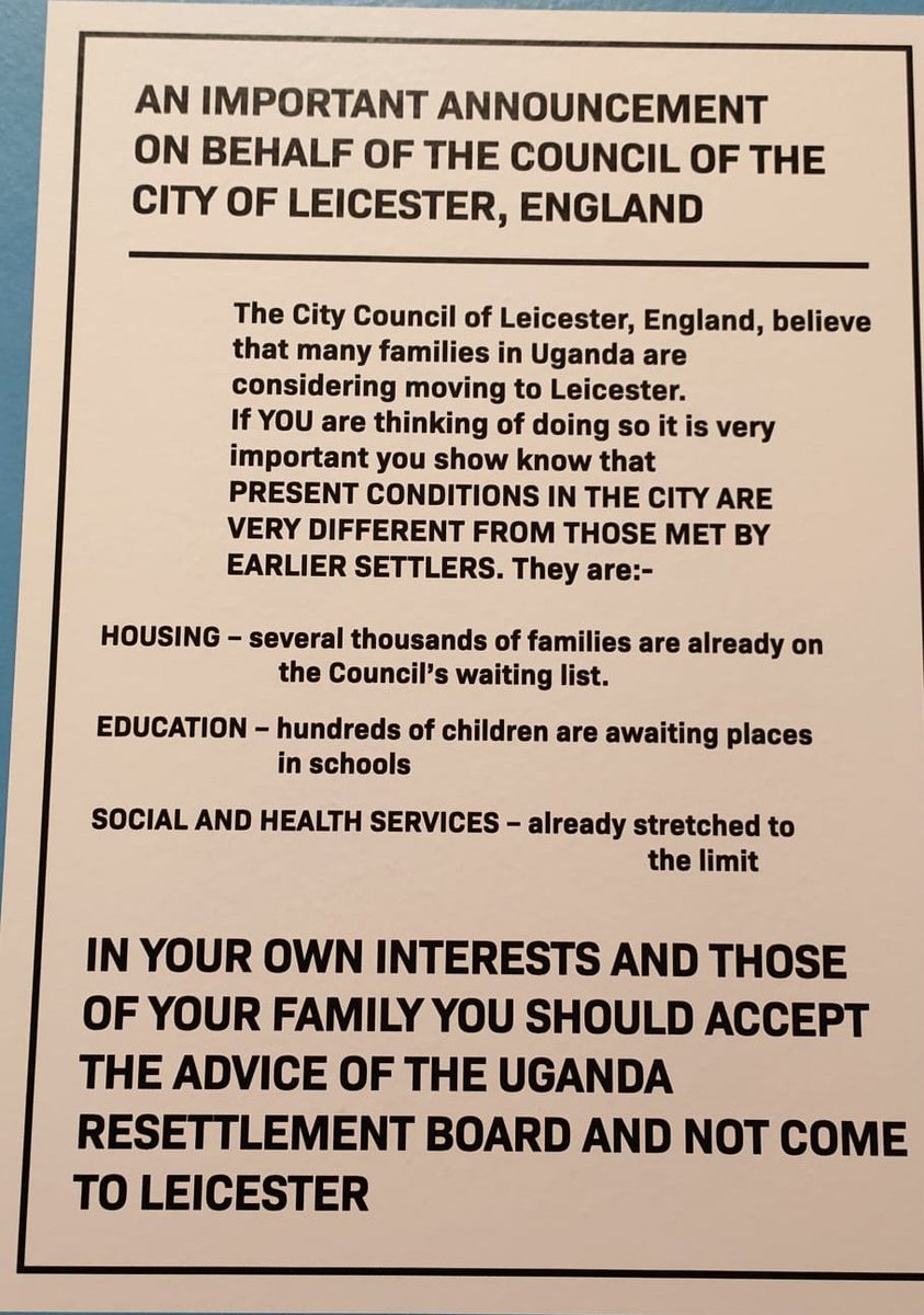 In 1972, 27,000 expelled Ugandan Asians came to Britain. Many arrived frightened and penniless. They were British passport holders with no home to go to. Leicester's Labour Council took out a full page advert in the Uganda Argus paper, urging them not to come to the city. 🧵