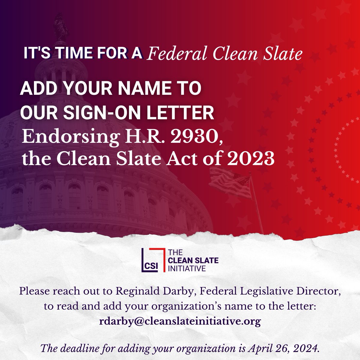 📢 🚨 #CLEANSLATE ACTION ALERT! By adding your name to our sign-on letter and endorsing this bill, you’ll be part of the federal movement to support second chances, economic opportunity, and public safety. #CleanSlate #SecondChances #SecondChanceMonth