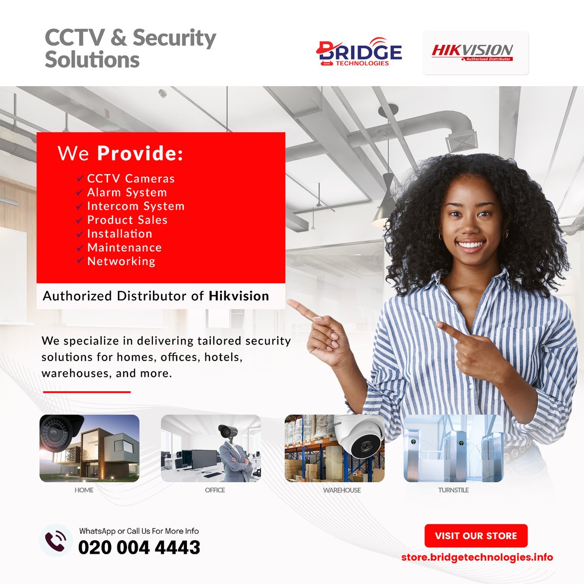 Secure your property with us!  As an authorized distributor of Hikvision, we offer a wide range of CCTV cameras, alarm systems, intercoms, networking solutions, and more. 

Contact us today to discuss your security needs! #BridgeTechnologies #Hikvision #CCTV #Camera