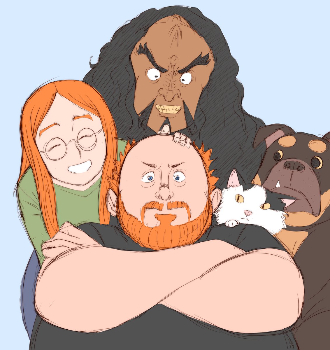 Quick birthday doodle for dear old @PatStaresAt , featuring @PeachSaliva , Elmo the cat, Zangief the beast and cute little baby Gowron!