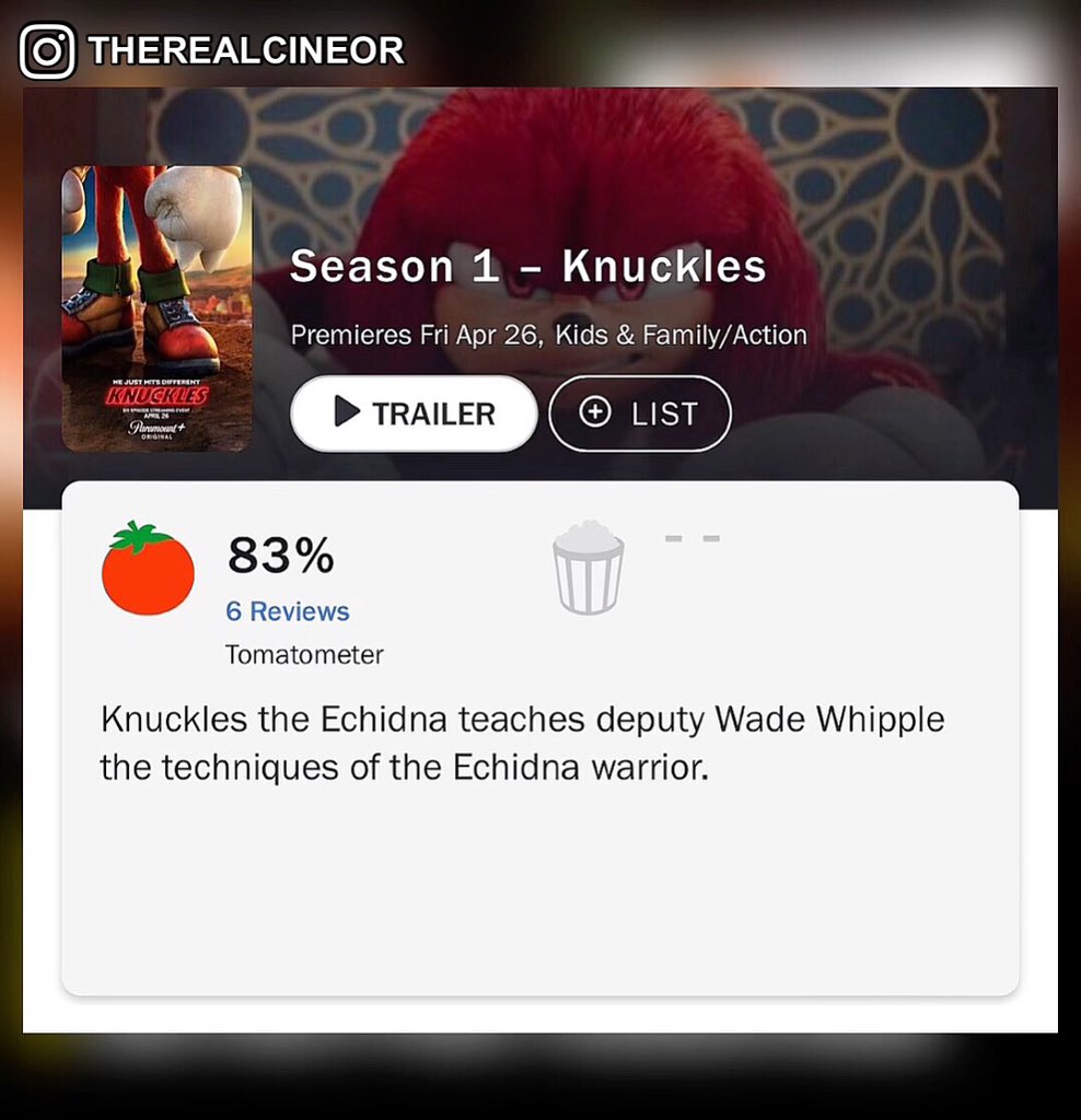 #Knuckles series has debuted with a 83% score on rotten tomatoes! 👀🔥🥊⏳

#knucklesseries #rottentomatoes #sonicnews #ParamountPlus #SonicMovie3 #Sonic3
