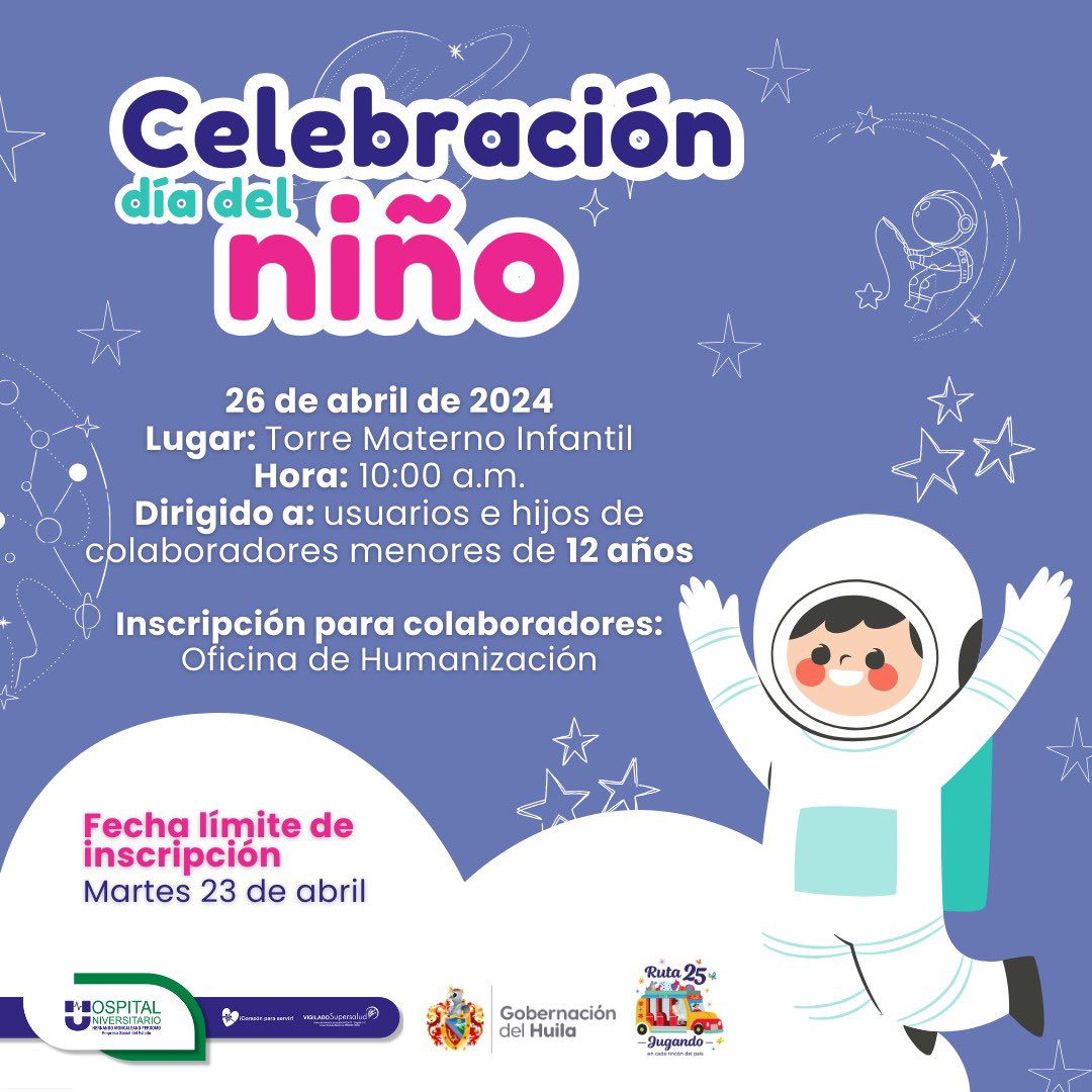 Celebración Día del Niño 👶🩵

Disfrutemos juntos de este día 🍡🍩🍿

<a href="/HuilaGob/">Gobernación del Huila</a>