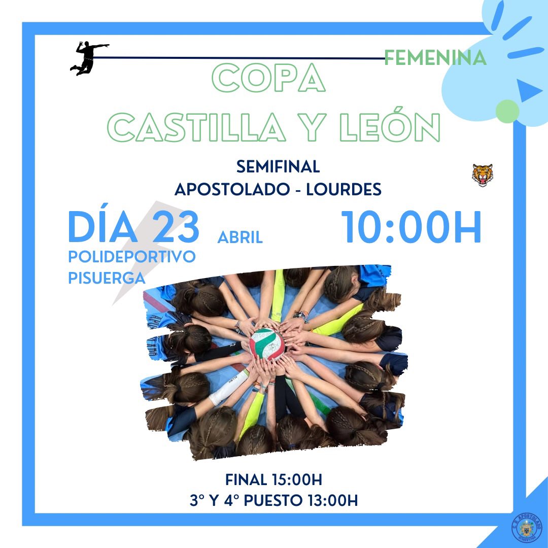 🏐COPA DE CASTILLA Y LEÓN🏐

Mañana martes día 23 nuestro equipo infantil federado de voley jugará en el Polideportivo Pisuerga las semifinales de la Copa Castilla y León contra Lourdes. Tendrán opción de meterse en la final, que se jugará el mismo día a las 15h. 
¡Mucha suerte!