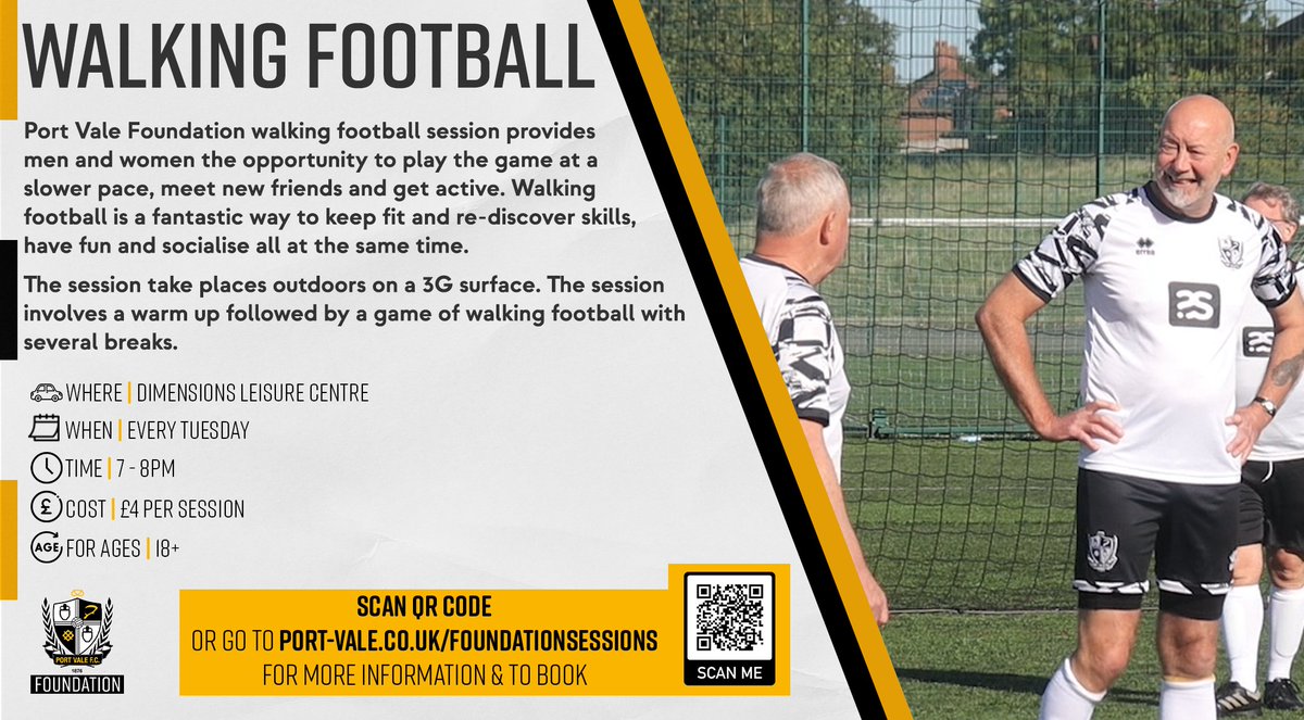 ⚽️ | Tuesday Walking Football Join us at Dimensions Leisure Centre on Tuesday night for Walking Football, allowing men and women to play the game at a slower pace. Follow the link 👉 bit.ly/PVSessions #PVFC | #PVFCFoundation