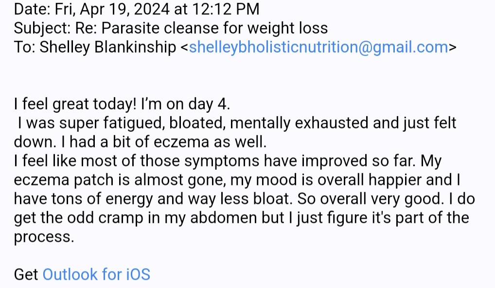 Day 4 of her parasite cleanse and this client is already reporting more energy, less bloat, improvements in eczema & a boost in mood. #parasitecleanse #detoxyourbody #detoxparasites #parakit #cellcore #cellcorebiosciences #naturalhealing #parasites #antiparasitic #mimosapudica