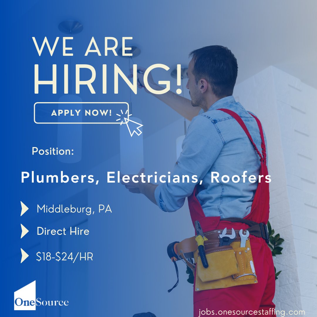 We are hiring for plumbers, electricians, and roofers in Middleburg, PA. If you are interested in applying for this job, fill out an application here: nsl.ink/dr4d