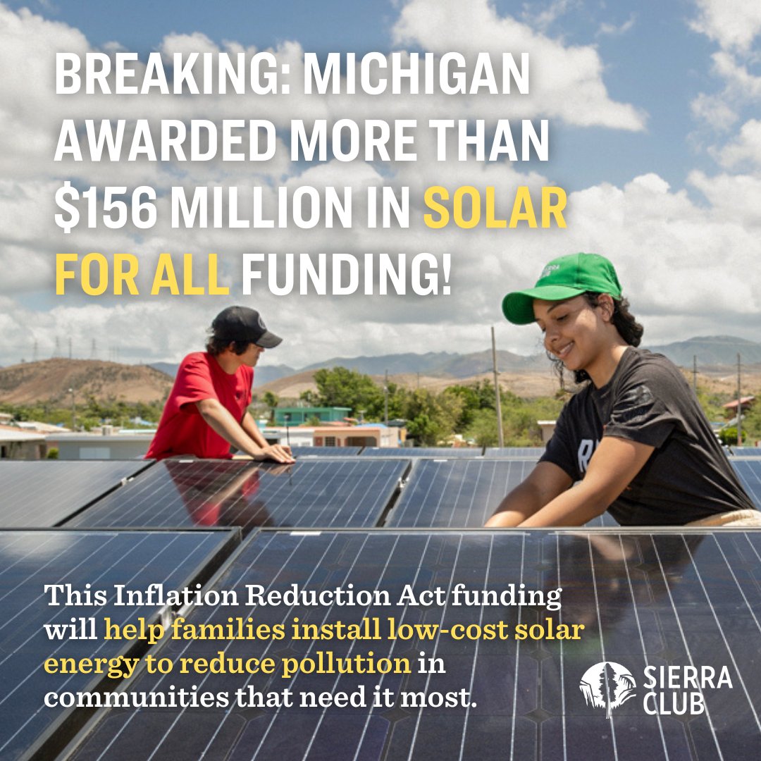 BREAKING NEWS: Michigan has been awarded over $156 million in #SolarForAll funding by the @EPA thanks to the Inflation Reduction Act. This funding will expand access to clean energy and lower costs for families and communities. @MichiganEGLE