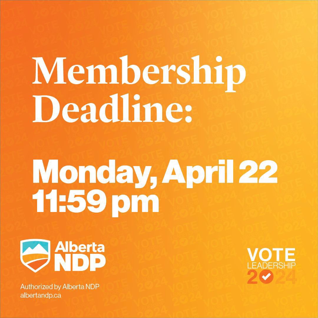 Good morning, Banff-Kananaskis, Friendly reminder that today is the last day to purchase your membership if you wish to be eligible to vote in the upcoming leadership race! #abndp