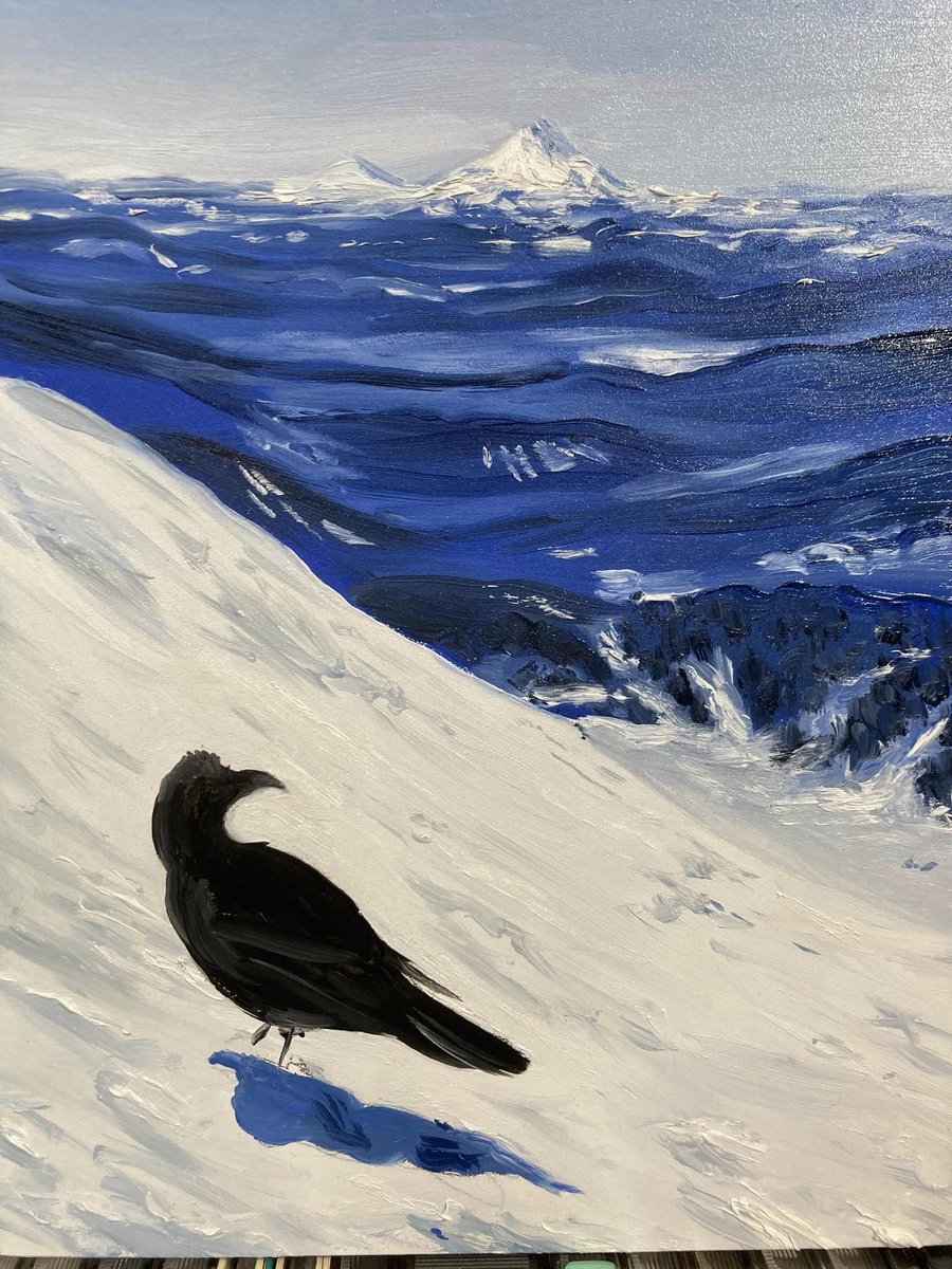 A lil painting I made for a friend's birthday. Happy Earth Day. There is so much awful stuff we do here it is disheartening. BUT there is still so much beauty out there to see and feel.  #oilpainting #raven #PNW #MTHOOD #EarthDay2024 #art