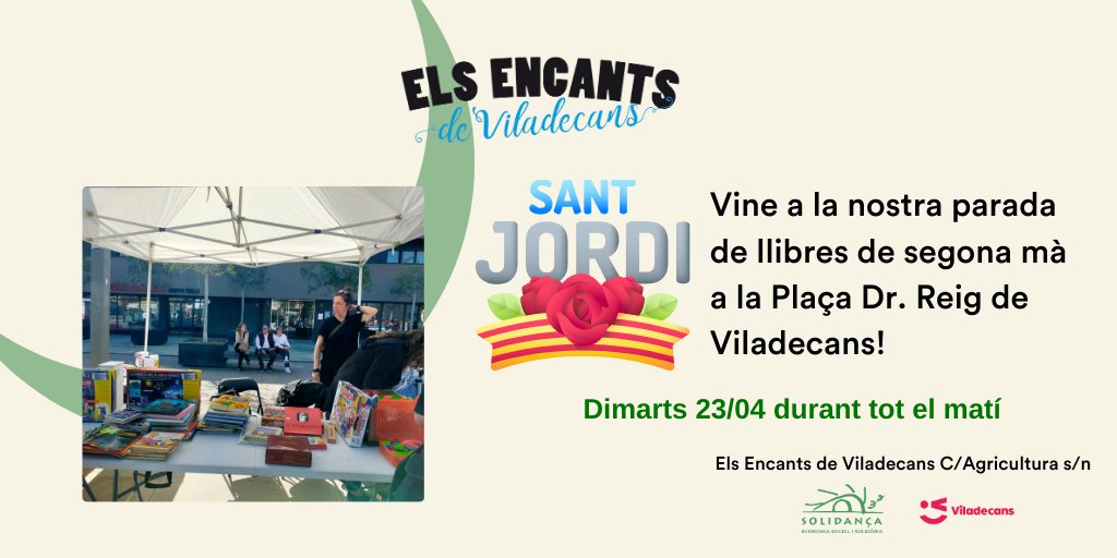 👋Vine a la nostra parada de llibres📚 de segona mà per #SantJordi2024 a #Viladecans 📍A la plaça Dr Reig estarem tot el matí amb una mostra dels llibres que tenim als Encants de Viladecans. Vine i fes el teu Sant Jordi 🌹🐲més #sostenible ♻️🌎