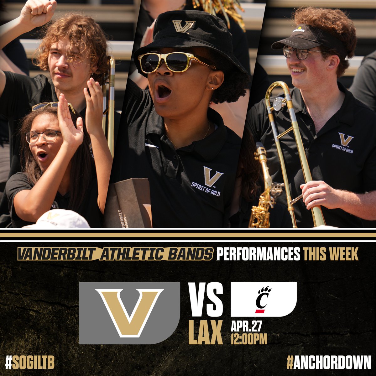 In our final performance of the 2023-2024 season, members of the Vanderbilt Athletic Bands will return to the Plex this weekend to cheer on @VandyLacrosse as the Commodores close out the regular season against the Bearcats!
#AnchorDown #SOGILTB @vucommodores @VanderbiltU