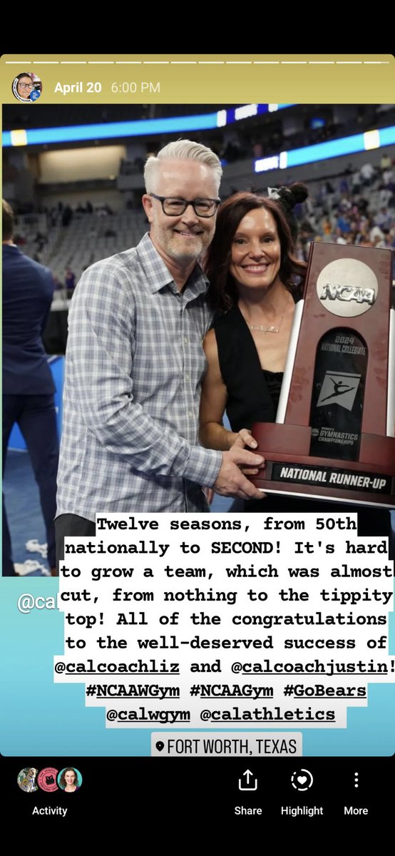 .<a href="/CalCoachJustin/">Justin Howell</a> and @CalCoachLiz took over <a href="/CalWGym/">Cal Women’s Gymnastics</a> twelve seasons ago and ended up 50th in the nation. The program was almost cut. They persevered &amp; built this program steadily to end this season in second. Props to them, @CalCoachJohn, <a href="/CalAthletics/">Cal Athletics</a> for this season. #NCAAWGym