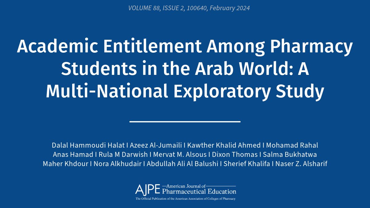Academic entitlement is recognized as a major concern by university educators & administration. This study explored academic entitlement among #pharmed students in the Arab world to obtain in-depth evidence on its magnitude and associated factors. ow.ly/tYPG50RlkZP