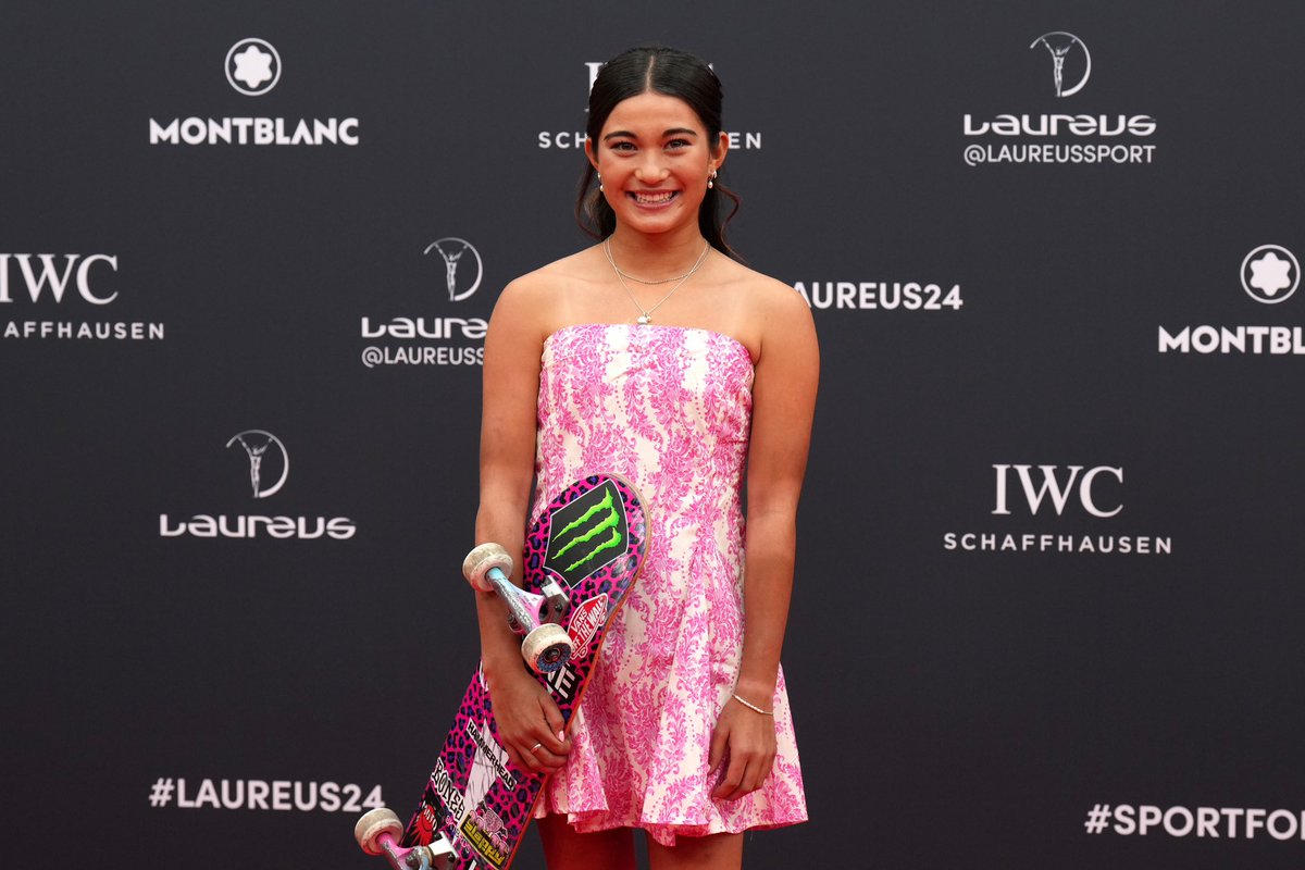 LaureusSport's tweet photo. How to arrive on the Laureus World Sports Awards red carpet… Arisa Trew style 🛹 

#Laureus24 https://t.co/p5ZHRyhgJ1