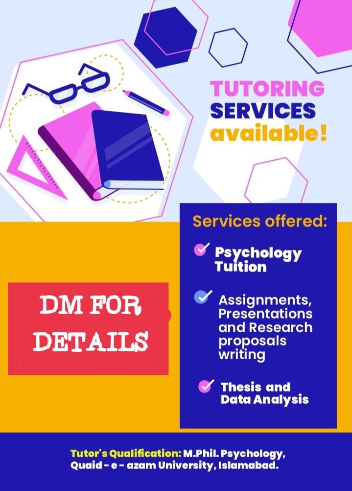Online Psychology tutoring services available!
RT for visibility please.

#psychology 
#Researchpaper 
#Researchproject 
#thesiswriting 
#DataAnalytics
#article