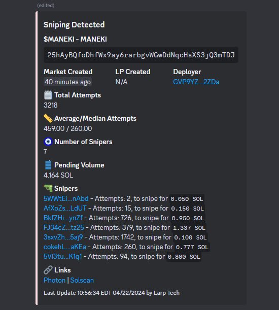 LigmaNode's tweet photo. In-house Monitors

Our monitor actively scans the blockchain to detect tokens targeted by snipers.

We found $MANEKI before LP was added, providing users with real-time updates on demand as it climbed up to +10,000%. https://t.co/KnT4q06sC6