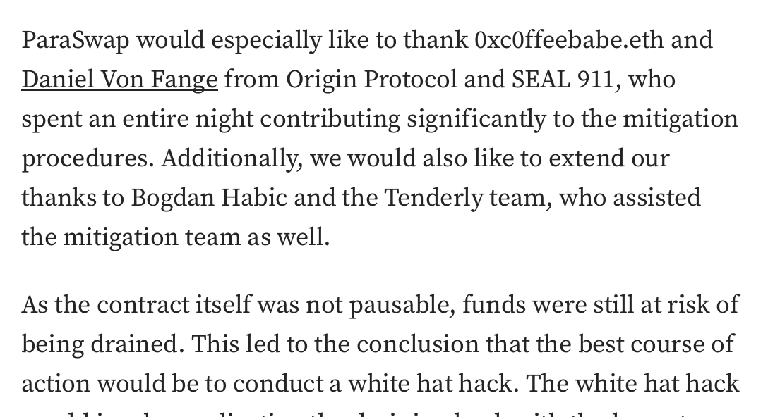 The 3.4 million dollar Paraswap whitehat rescue across eight chains had an unusual twist in it. Front running by MEVbots was a big concern - some chains don't have private txs. So the team added a new bug that only they could exploit, then used it for the rescue. MEV impossible.