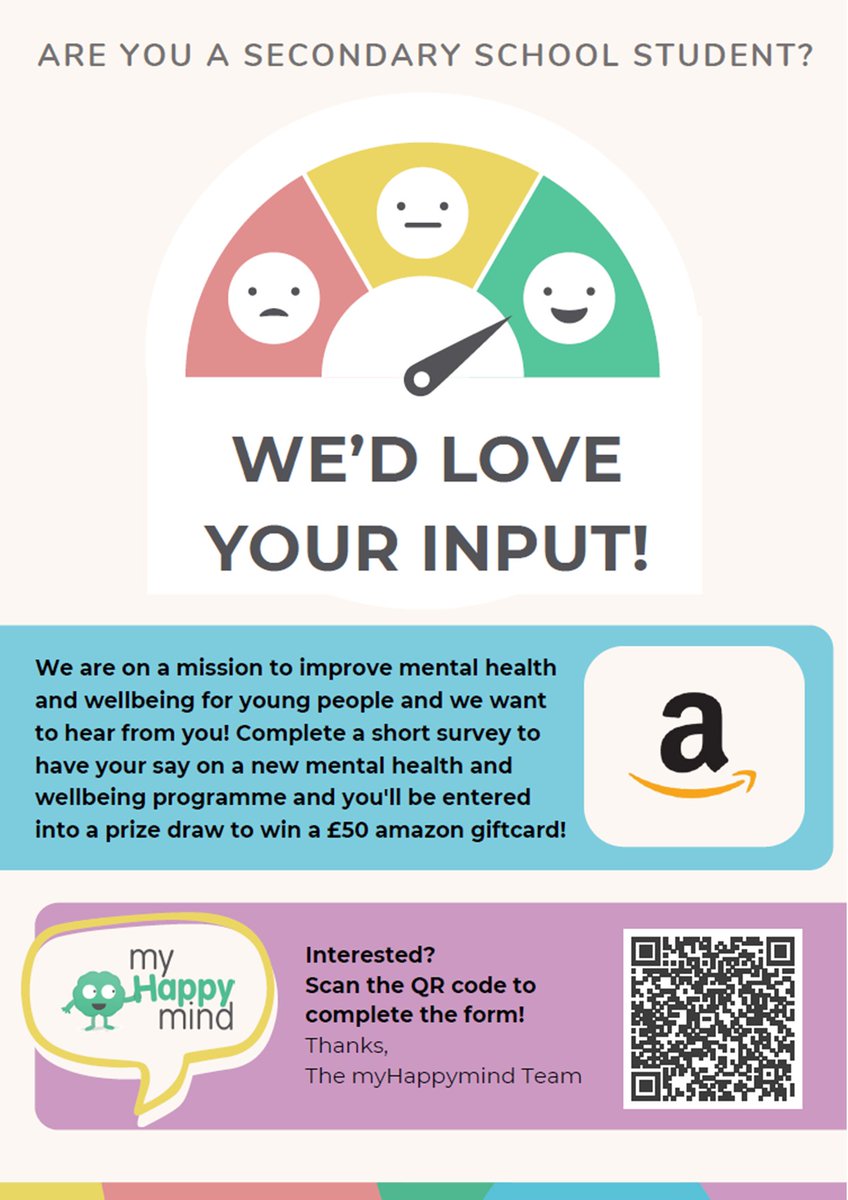 Are you between the ages of 11 & 16? myHappymind are developing a new wellbeing app designed specifically for young people. This app will be backed by the NHS & will provide practical strategies & resources. Please complete the survey at tinyurl.com/3y34wh8h