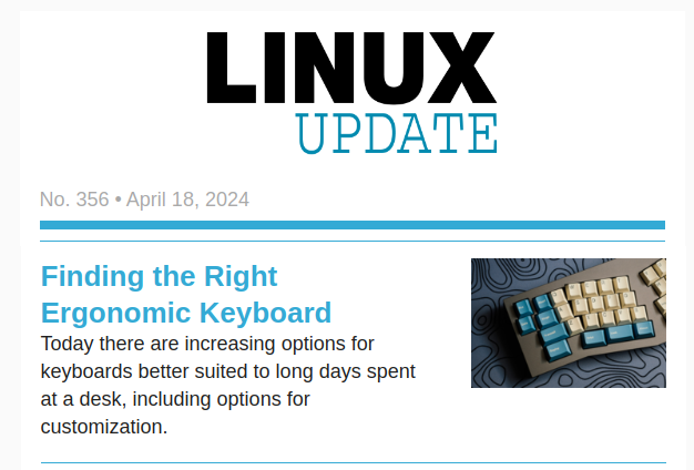 Did you miss the Linux Update newsletter last week? Read it here and subscribe free to get it in your inbox every Thursday mailchi.mp/linux-magazine… #Linux #OpenSource #ergonomic #keyboard #hardware #Canonical #Qualcomm #XZ #DBMS #WordPress #backup #Docker #FOSS #PyCon #jobs