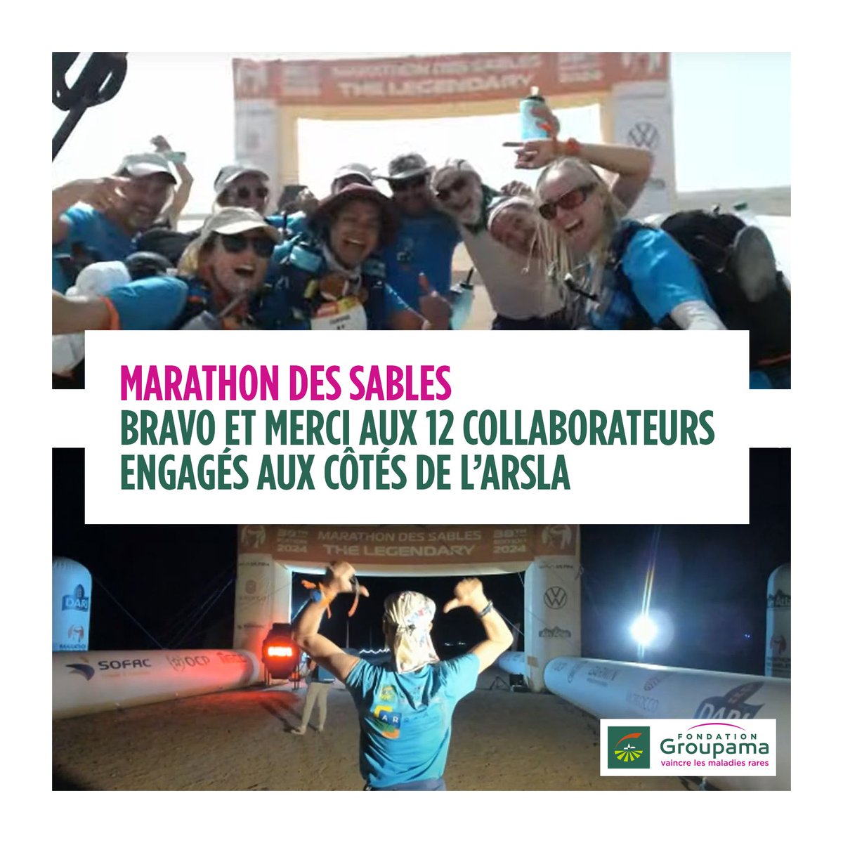 #Solidarité Un grand merci et un grand bravo aux 12 collaborateurs @GroupeGroupama pour leur engagement dans la lutte contre les #MaladiesRares lors du @marathonDsables 🙏 Ils ont parcouru +250km dans le désert marocain en soutien à @ARSLA75 : helloasso.com/associations/a… #SLA