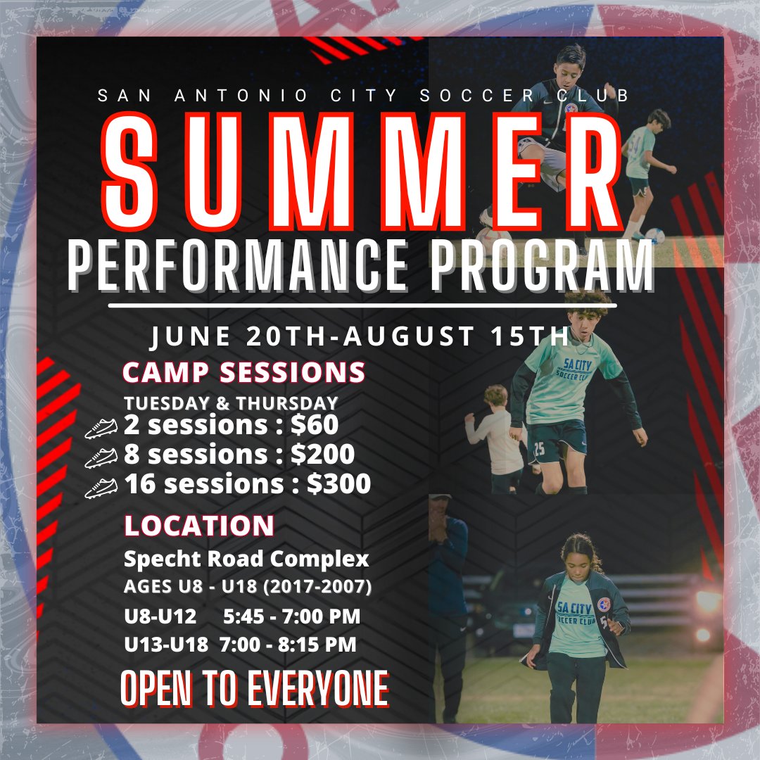 🌟 Join us for an epic summer journey! ⚽ San Antonio City Soccer Club presents our 3rd annual Summer Performance Program, June-August 2024! 🌞 Open to all, our intense sessions promote teamwork and dedication. 💪 Register now! 🚀 sacitysc.com/summerperforma… 🔵🔴 #Protect210