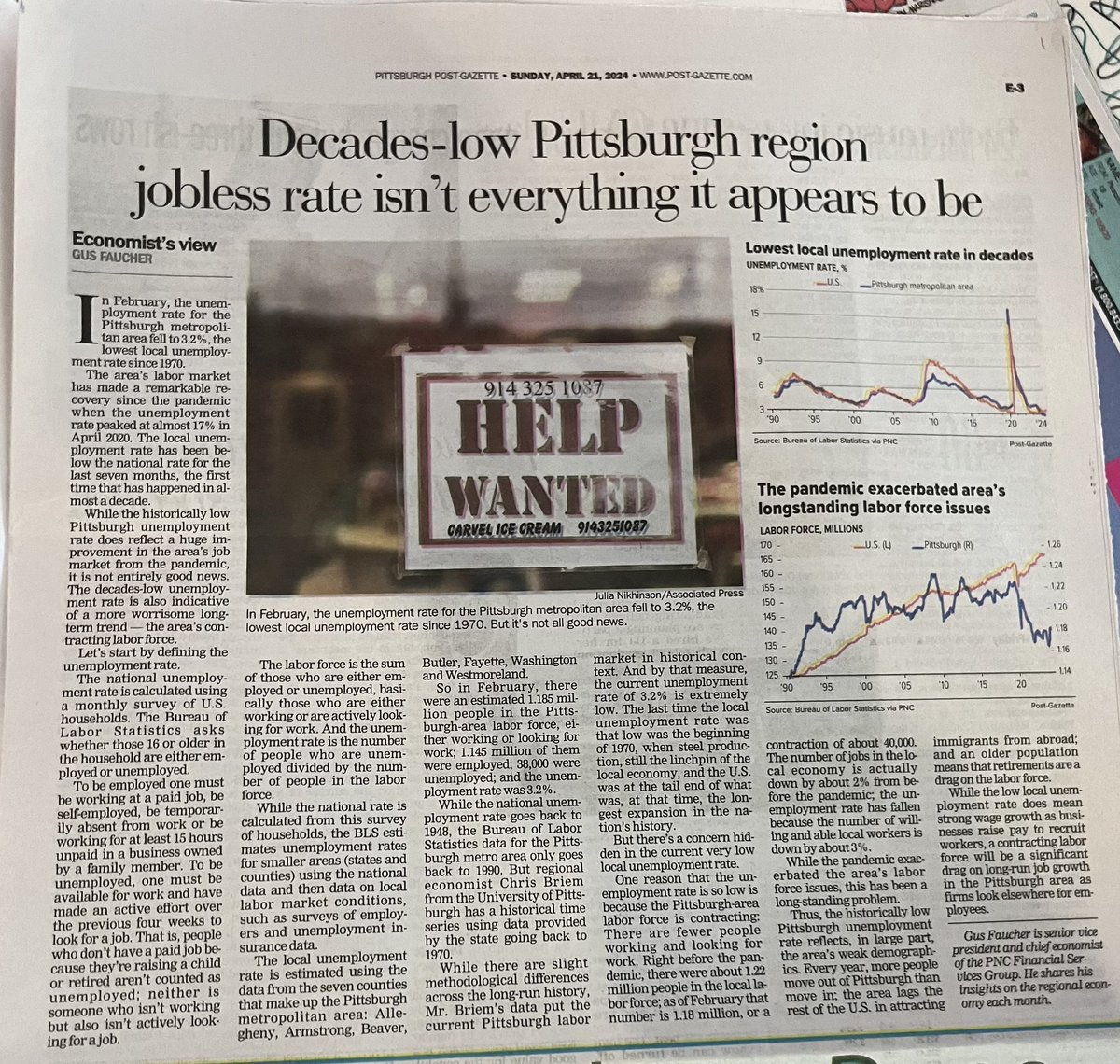 “While low #Pittsburgh unemployment rate does mean strong wage growth … contracting labor force will be a significant drag on long-run #jobgrowth in the #SteelCity as firms look elsewhere for employees.” - @GusFaucherPNC 

A frightening #RustBelt future.

post-gazette.com/business/caree…