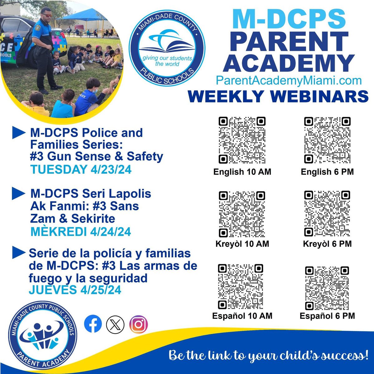 There is still time to register for this week’s @ParentAcadMiami webinar on Gun Sense & Safety. Officers will be available to provide tips & answer your questions. Scan the QR codes or visit ParentAcademyMiami.com to register. #YourBestChoiceMDCPS @SuptDotres @MDSPDChief @MDCPS