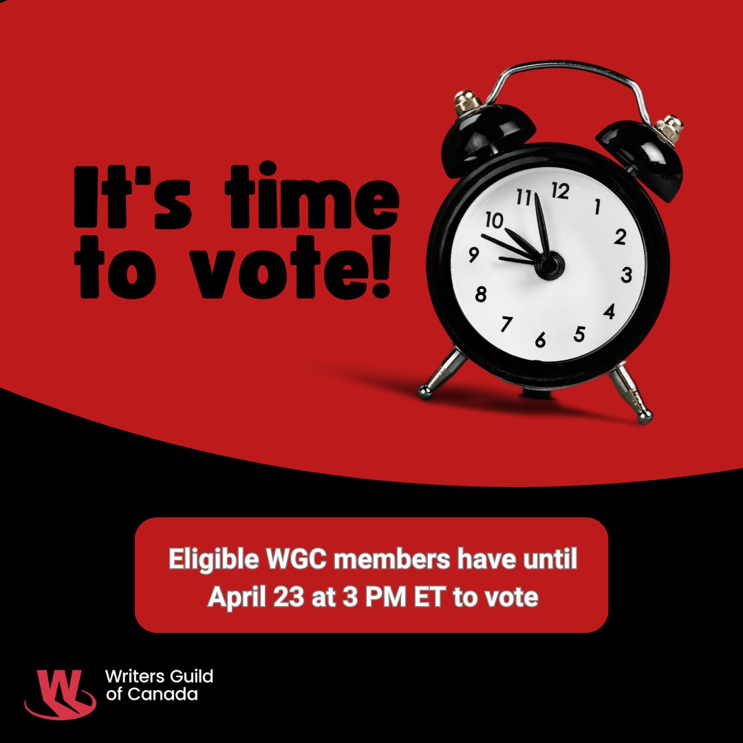 ⏳Time's running out!⏳ Don't miss your chance to make your voice heard. Vote NOW! 🗳️✉️ Eligible WGC members, check your email for details. You've got until April 23 at 3 PM ET to vote. #WGCSolidarity #StandwithWGC #WGCStrong