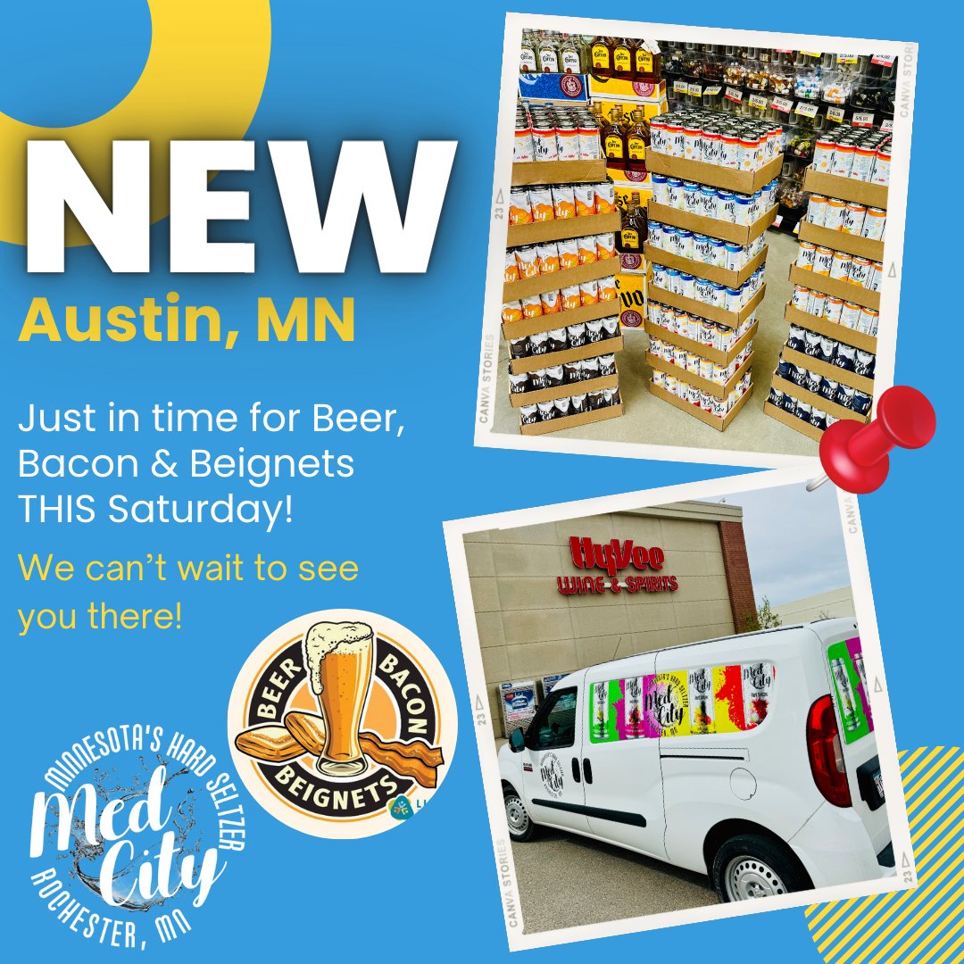 JUST IN TIME! ⏰
Med City Seltzer is now available at Hy-Vee Wine & Spirits, Austin, MN just in time for this Saturday's Beer, Bacon & Beignets Event at the Packer Arena!

#austinmn #beerbaconbeignets #seltzer #medcityseltzer #minnesotasseltzer #minnesotashardseltzer #mowercounty