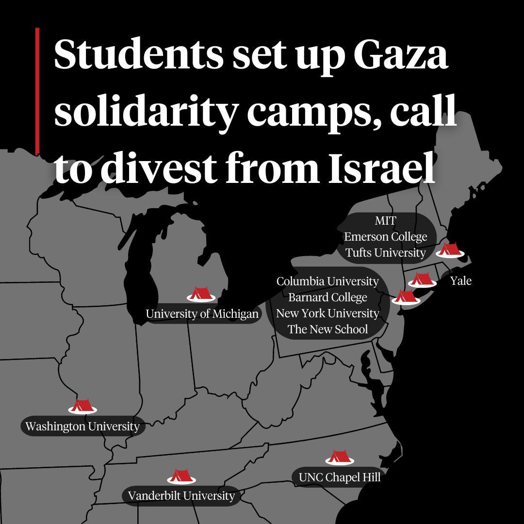 After more than 100 students from Barnard College and Columbia University were arrested at an encampment calling for the school to divest from Israel amid the country's deadly assault on Gaza, similar encampments have begun across the United States.