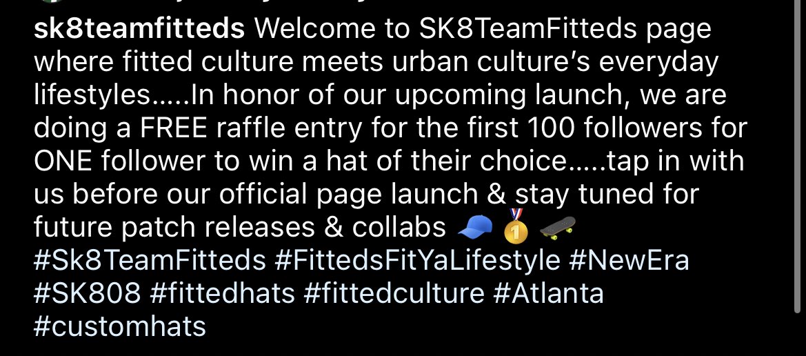 Officially launching my fitted page soon….in the meantime, follow our Instagram to be entered into a raffle for a FREE hat……Details below! (Twitter page coming soon) 🧢🥇🛹 @SK8TeamFitteds