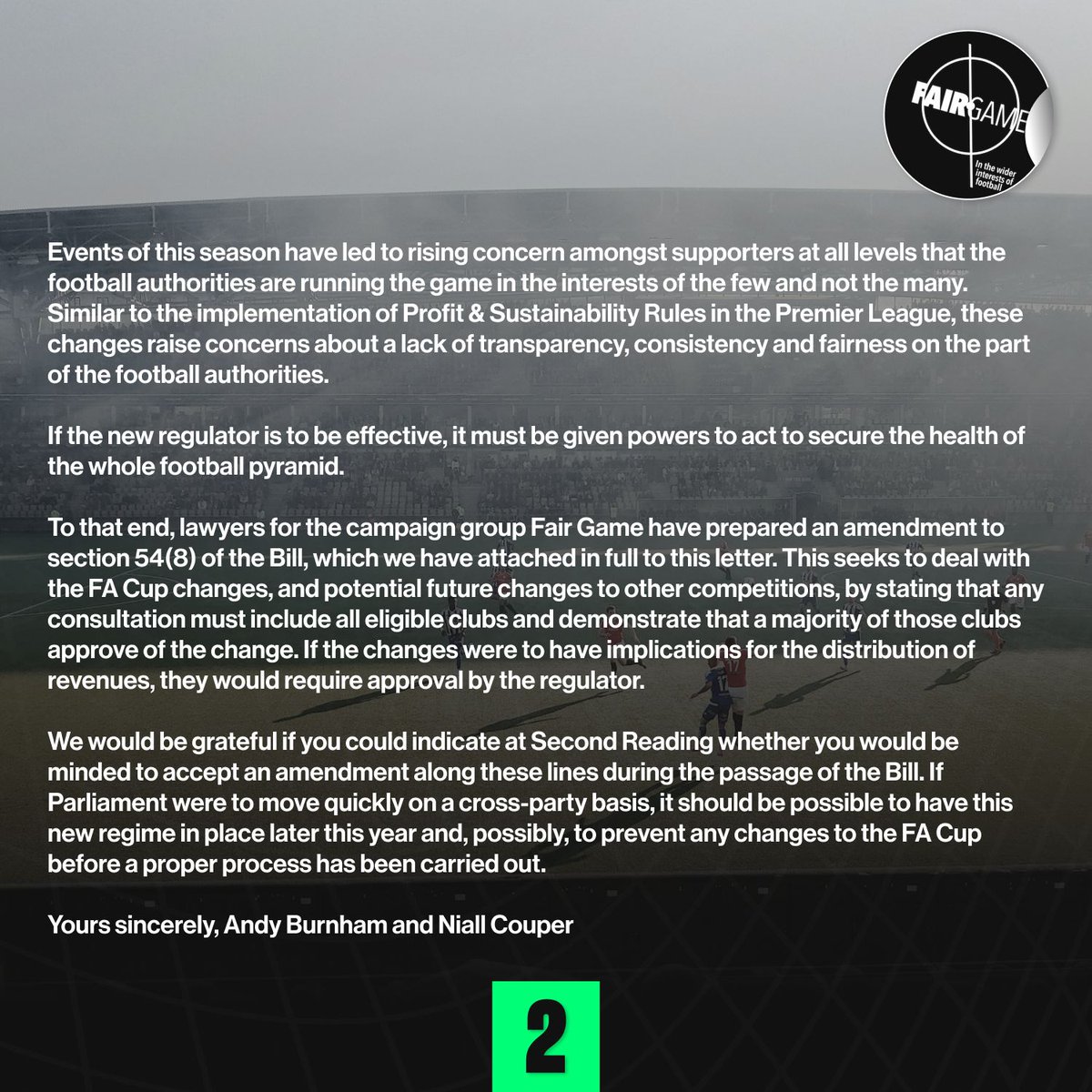 📝'Football authorities are running the game in the interests of the few and not the many.' @FairGameUK and @AndyBurnhamGM have written to @lucyfrazermp and @ThangamMP ahead of the Second Reading of the Football Governance Bill in Parliament today. #SaveTheFACup #IFR