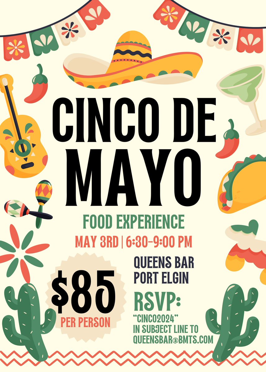 𝐂𝐈𝐍𝐂𝐎 𝐃𝐄 𝐌𝐀𝐘𝐎 🪇🇲🇽🍹

Join us on Friday, May 3rd from 6:30 to 9:00 pm, for a night of Mexican food favourites, and bottomless sangria + more, for our first food experience of 2024!

Limited seating available
Includes gratuity &amp; HST
$85/pp