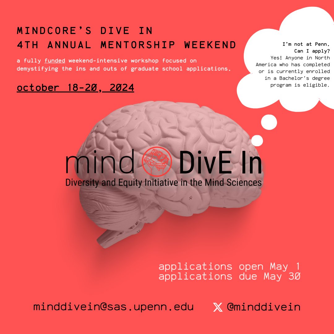 The application for DivE In 2024 weekend (Oct 18-20) will go LIVE on May 1! It will be posted on our website and socials. Apply to join us for a fully-funded weekend of workshops, faculty and mentor networking, and uncovering the hidden curriculum. #minddivein @PennMindCORE