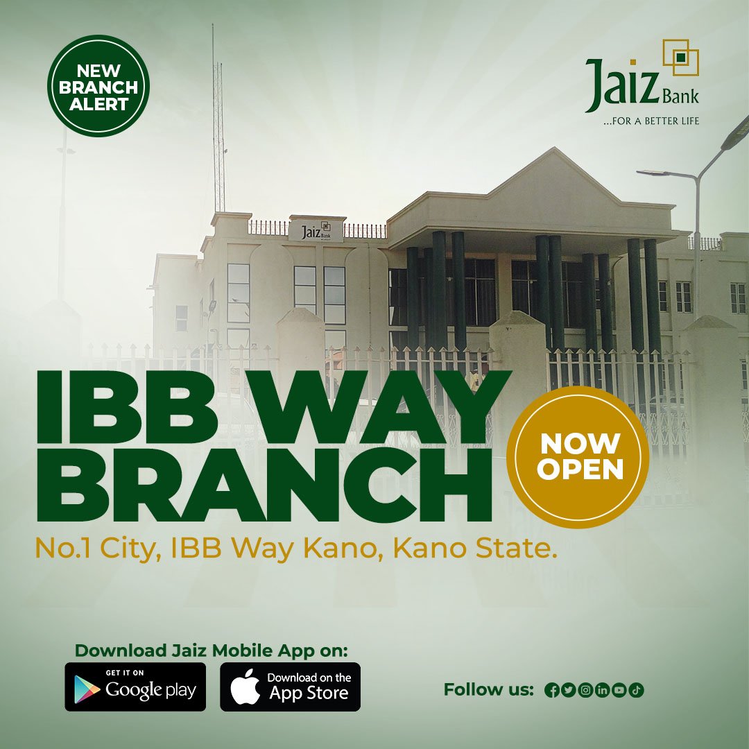 New Branch Alert!
We're thrilled to announce that our branch in IBB Way Kano is now open!

Visit us at No.1 City, IBB Way Kano, Kano State, to experience our interest-free products and excellence banking services.
#JaizBank #forabetterlife #NewBranchAlert #Kano