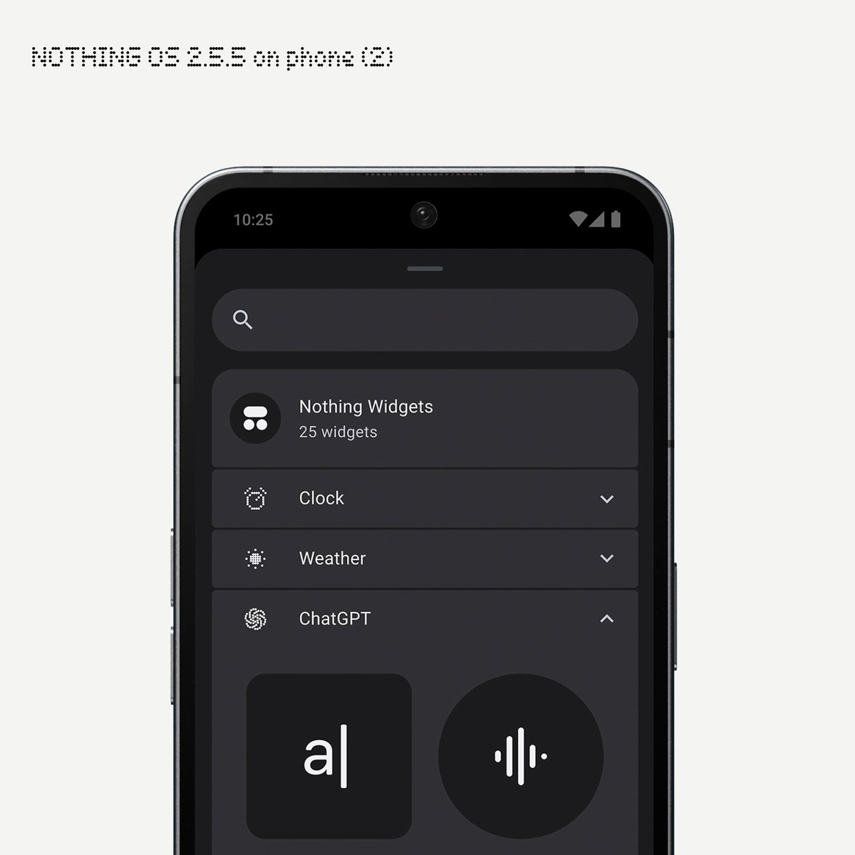 Nothing OS 2.5.5 is now on Phone (2). ChatGPT Integration: The following features are available with the latest ChatGPT version installed from the Play Store: 💬 Added a new gesture option in Nothing X to start a voice conversation with ChatGPT for Nothing Ear & Nothing Ear (a).
