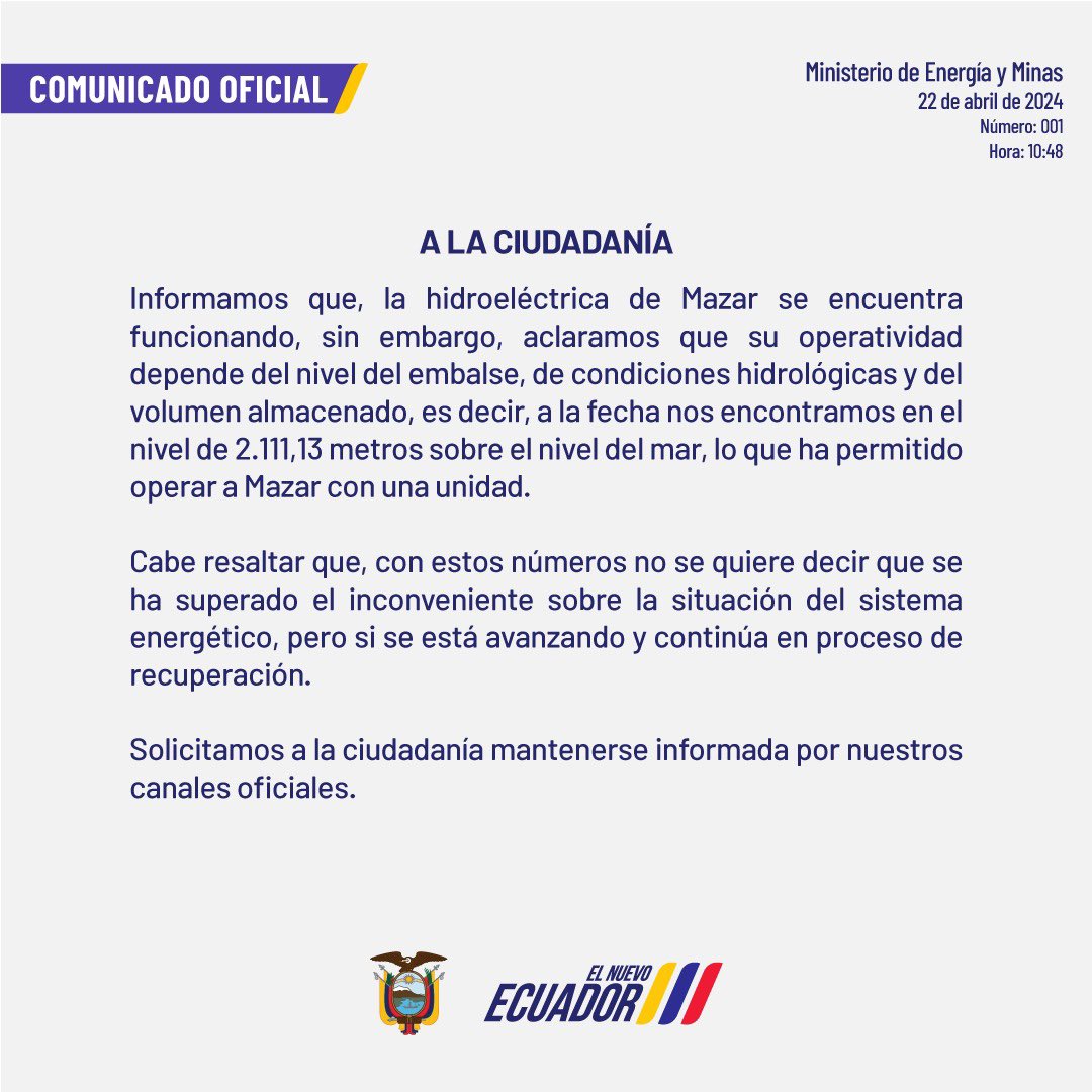 ViceminEnergia's tweet photo. 📌 ¡IMPORTANTE!

Informamos a la ciudadanía que, la hidroeléctrica Mazar continúa en proceso de recuperación, pero esto no quiere decir que se ha superado el inconveniente sobre la situación del sistema energético. https://t.co/gXlStT0Czu