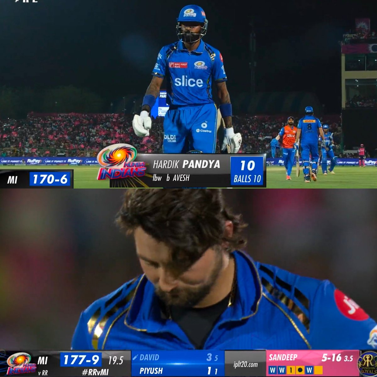 6 runs in 19th over 3 runs in 20th over You both leave my Beautiful franchise 😑 #RRvMI