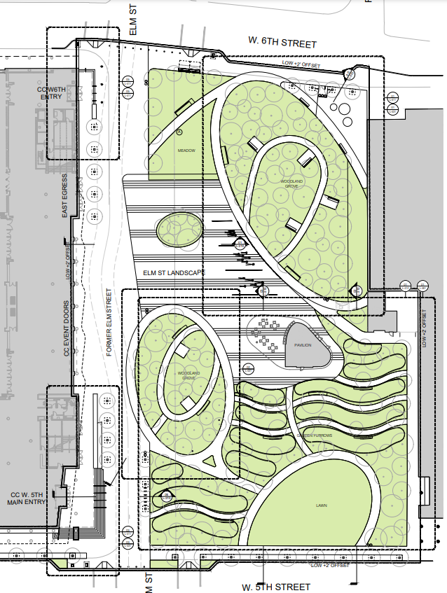 Latest landscape plan for the Convention Center greenspace between W. 5th and W. 6th Streets: cincinnati-oh.gov/planning/plann…