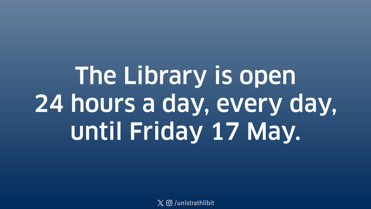 UniStrathLibIT's tweet image. The Library is open 24 hours a day, every day, until the end of the assessment period on the 17th of May.
🟢 Opening hours info: strath.ac.uk/professionalse…
🟢 Wellbeing LibGuide: guides.lib.strath.ac.uk/wellbeing