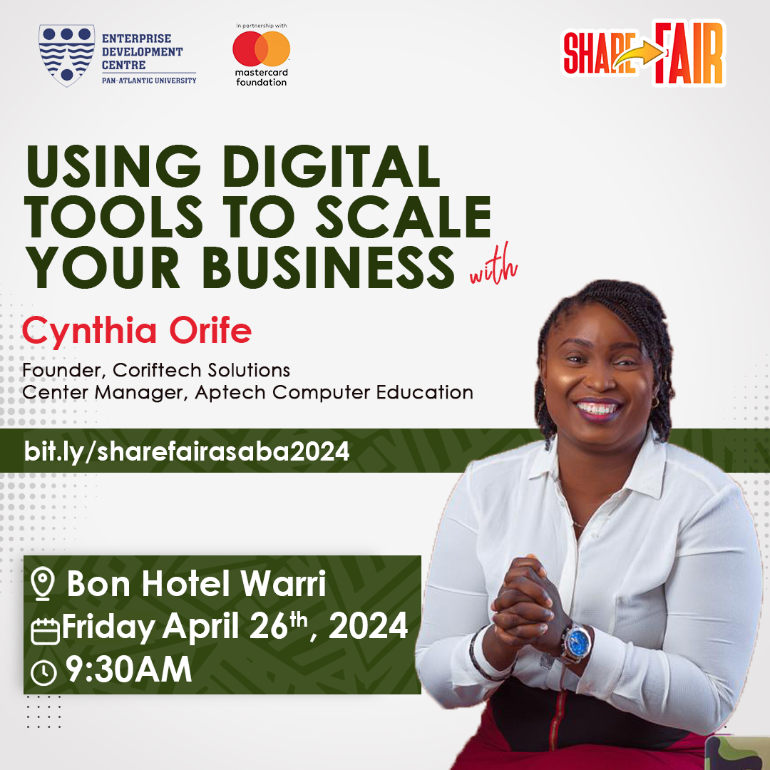 Calling young entrepreneurs! Join Transforming Nigeria Youths with Cynthia Orife (Founder, Coriftech Solutions Center Manager) on April 26th, 2024, 9:30 am at Bon Hotel Warri. Learn 'Using Digital Tools To Scale Your Business.' Register: bit.ly/sharefairasaba…. #TNY