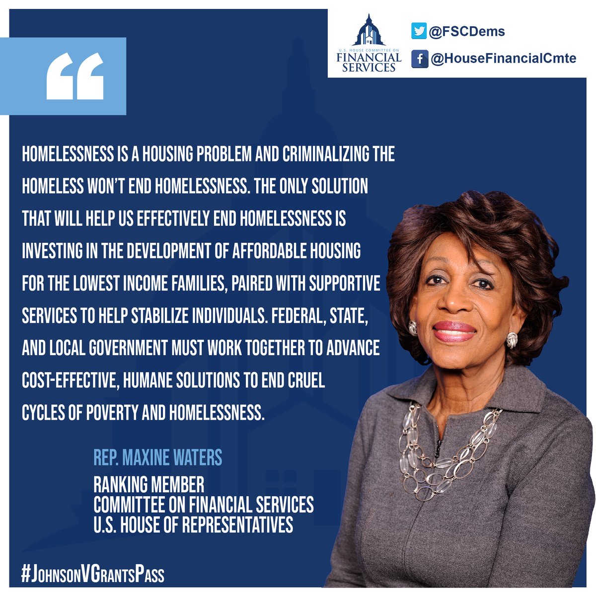 'The Supreme Court has the opportunity to help define our nation’s approach to homelessness and civil liberties for generations to come. America needs long-term housing solutions, not cruelty & punishment.'
- RM @RepMaxineWaters | #JohnsonVGrantsPass tinyurl.com/393jv5tn