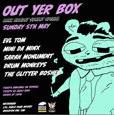 Looking forward to Bank Holiday Weekend, & on May 5th in Brighton we have bass n breaks bonanza Out Yer Box with EVL Tom, Mini Da Minx, Miss Sarah Monument, Drum Monkeys and The Glitter Bosher. Tickets only £5 advance, plus BF. skiddle.com/e/38291002 @IvankaMinx @IrvineWelsh