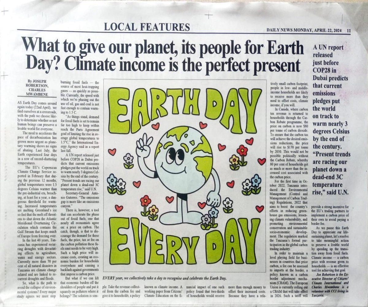 Happy #EarthDay, everyone! Our amazing volunteers in Africa have gotten our op-ed published today in several newspapers: What to give our planet and its people for Earth Day? Climate income is the perfect present. #ClimateEmergency #PriceOnCarbon