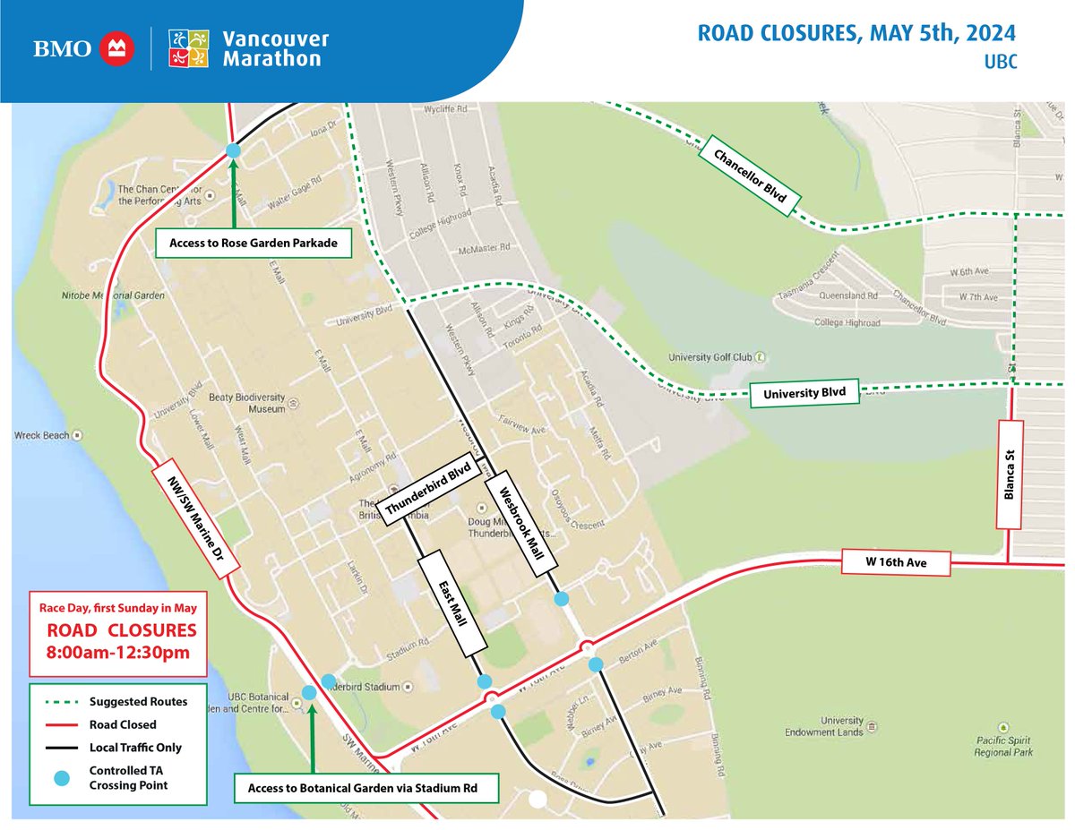 campusubc's tweet photo. The BMO Vancouver Marathon is taking place on Sunday, May 5th. There will be road closures along the event route throughout the City of Vancouver. Around UBC, road closures will be in effect between 8:00 AM and 12:30 PM. Learn more: https://t.co/yHFYMq2RRB https://t.co/0lvK5QjqkL